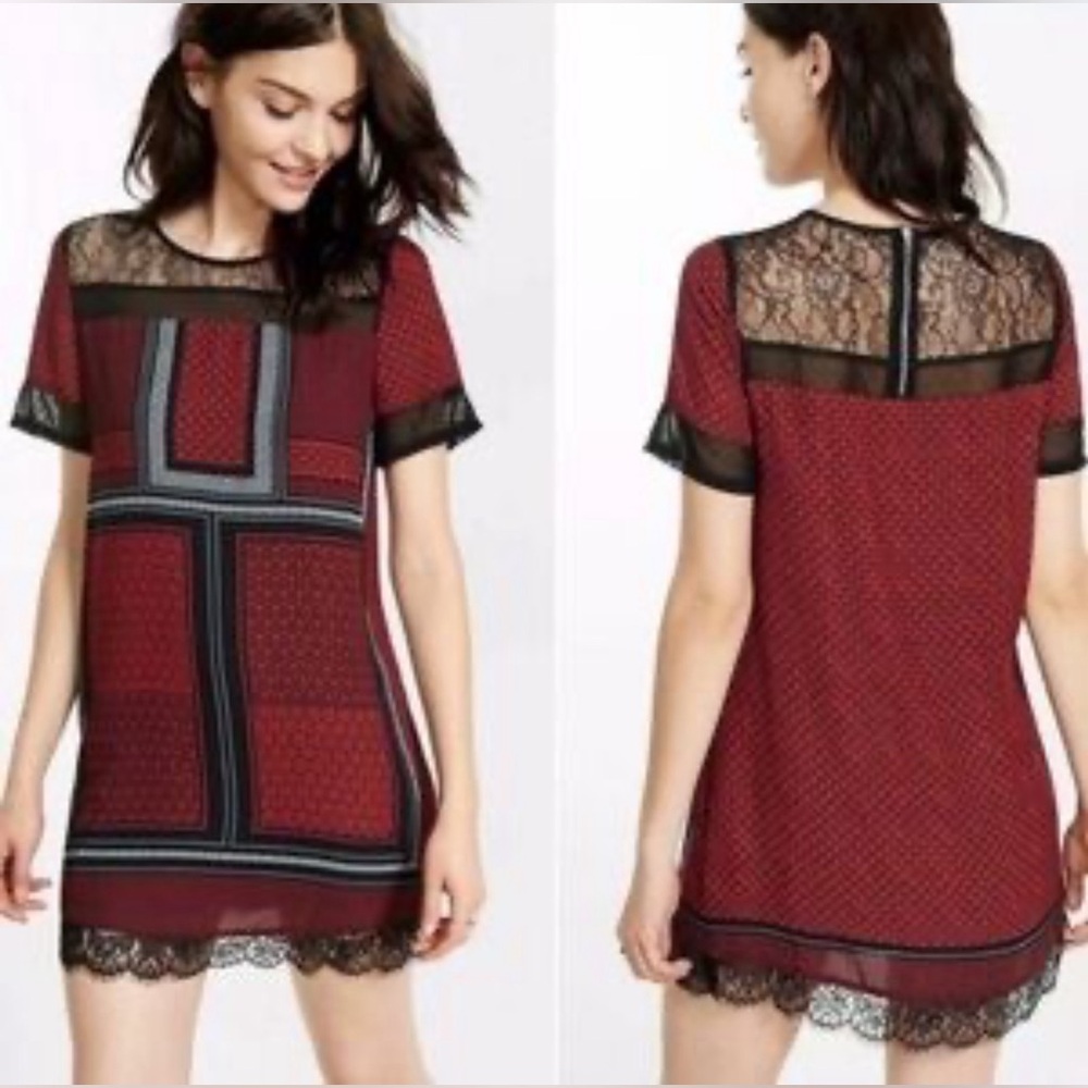 Express Red Lace Trim Mini Dress Size S Sheer Panel Party Date Night Chic Glam